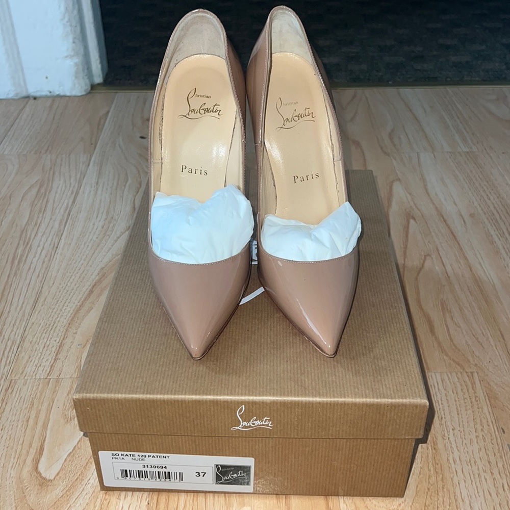 Christian Louboutin So Kate 120 patent nude pumps